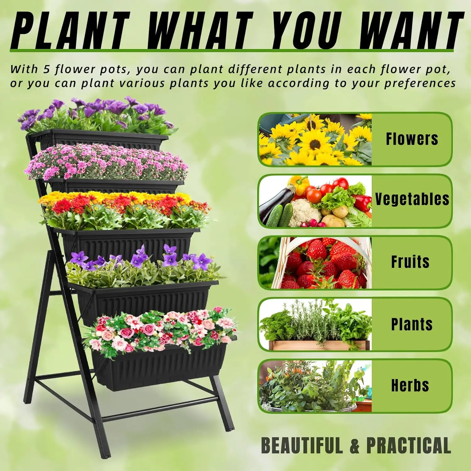 

4FT Vertical Garden Bed 5-Tier Raised Planter with 4 Hooks & Wheels Vegetable Flower Stand for Patio Yard (25.6×26×48 Inch）