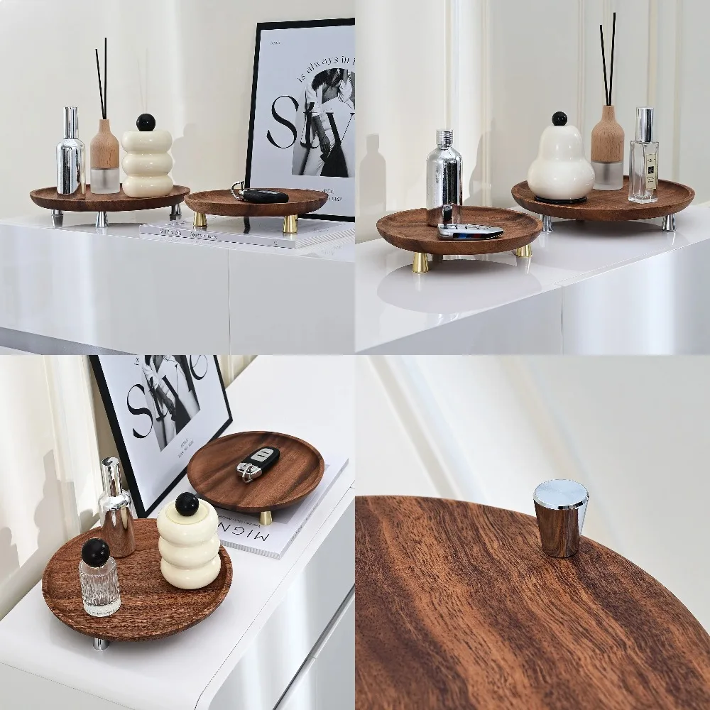 Natural Walnut Wood Round Tray for Perfume Jewelry Cosmetics Keys - Solid Wood Storage Organizer