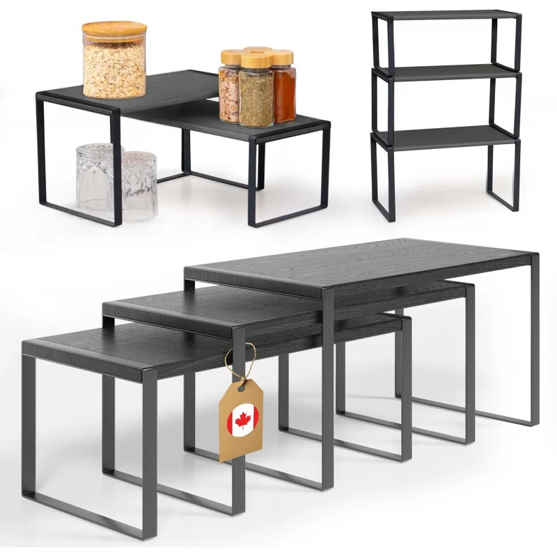 Premium Kitchen Cabinet Organizer Shelf - Set of 3 Kitchen Counter Shelves - Stackable & Expandable Shelf Racks Kitchen Cabi