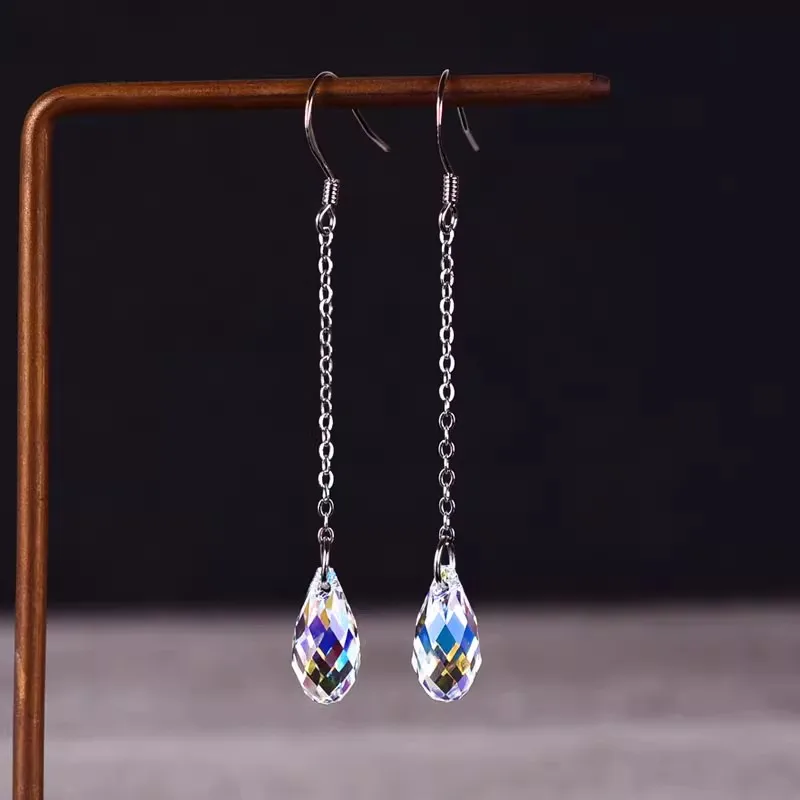 925 Sterling Silver Austrian Crystal Water Drop Earrings Ear Line Drop Earring Girl Women Birthday Valentine Favor Gift color