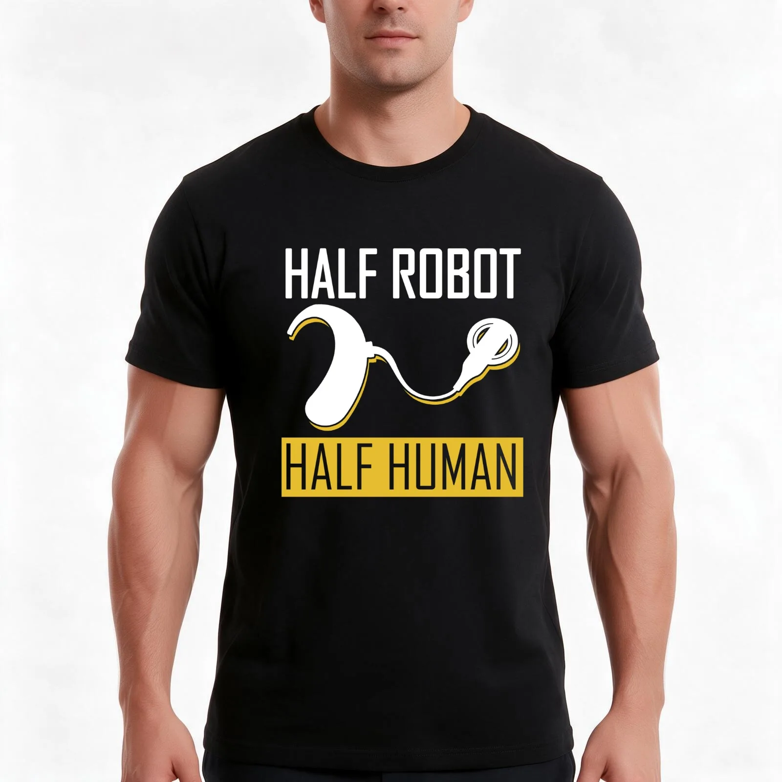 Half Robot Half Human Cochlear Implant Awareness T-Shirt, Summer Casual Cotton Tee, Oversized Streetwear Tops, Unisex Men Women