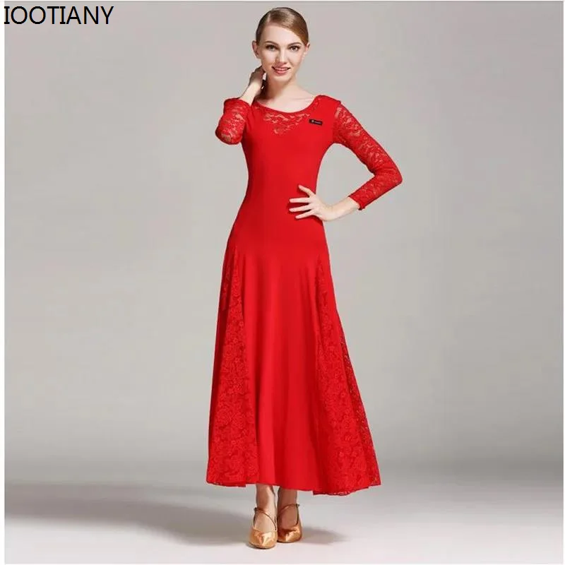 IOOTIANY 2024 Modern Dance Dress Sexy Lace Ballroom Dance Dress For Woman Long Sleeves Waltz Tango National Standard Dancewear