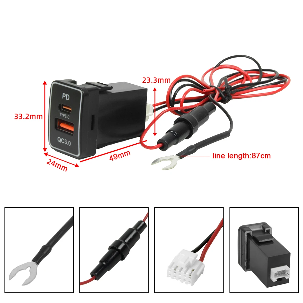 Juren 1pcs Car Fast Charger Adapter QC3.0 TYPE-C USB Quick Charger Socket With Voltmeter For Toyota RAV4 Camry TS-02-UC