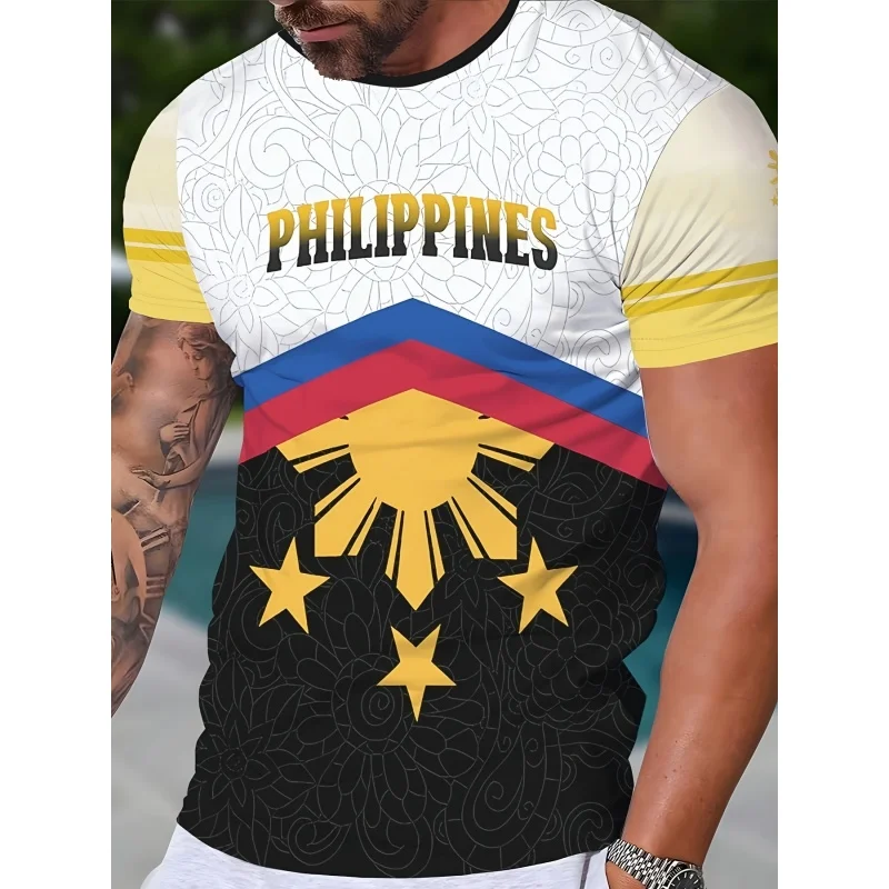 Philippine Flag T-Shirt For Men Philippines National Emblem 3D Printed Tees Loose Round Neck Tops Sports Short Sleeves T Shirts