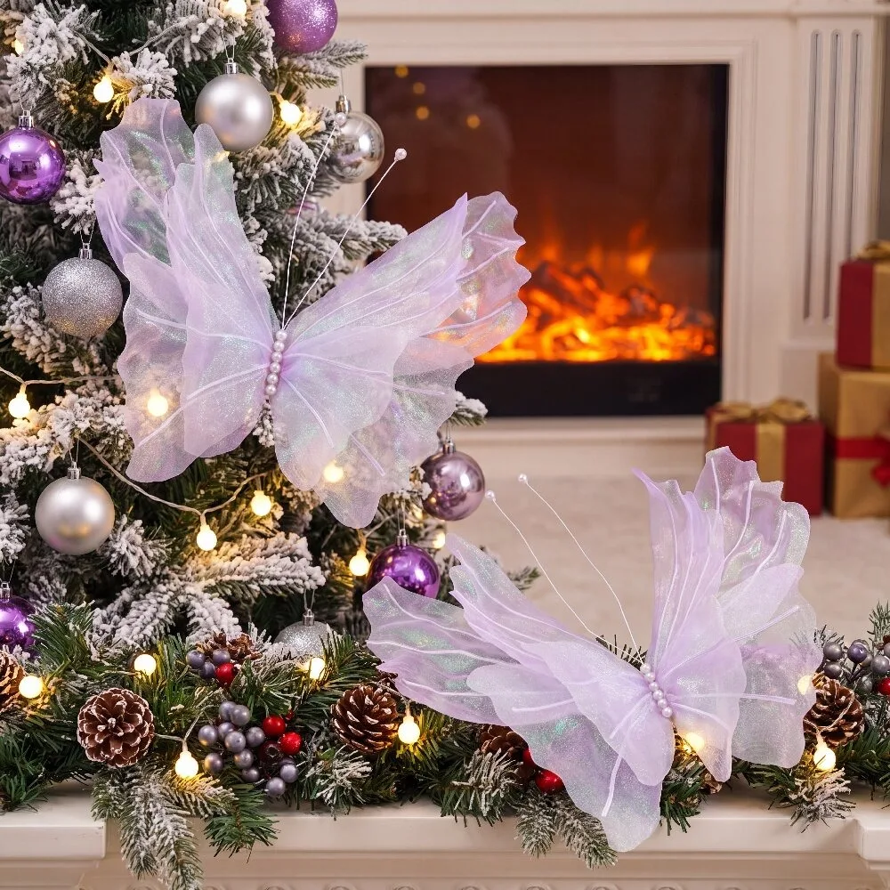 3 große hängende Weihnachtsschmetterlingsdekorationen, synthetische Schmetterlinge mit Laserglanz, Weihnachtsbaumschmuck – Detail 8