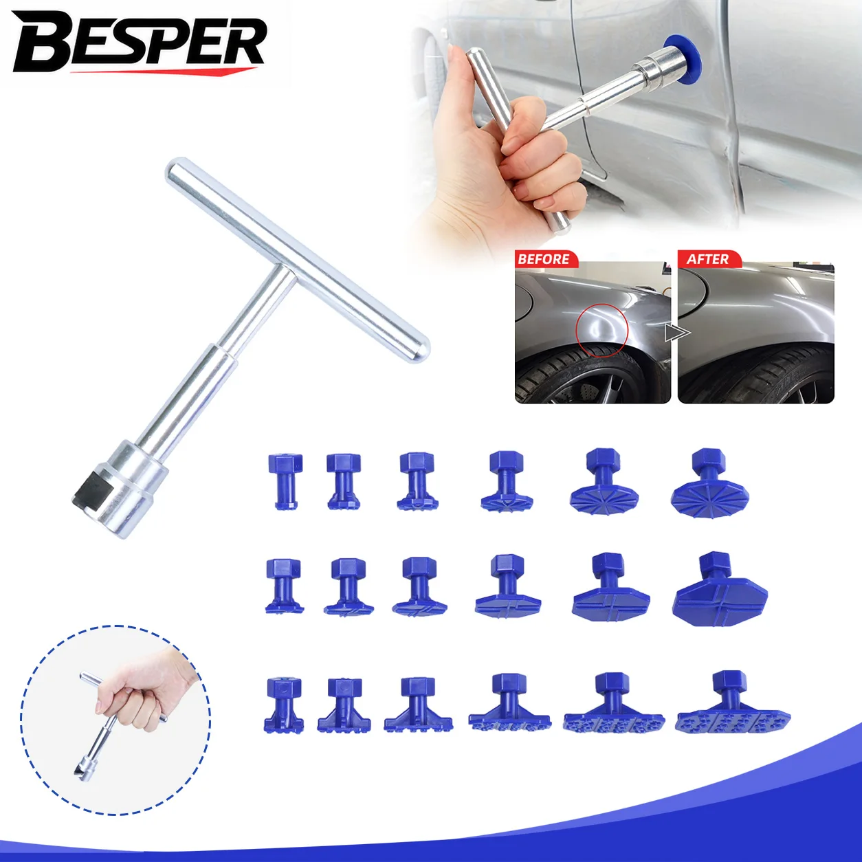 Car Dent Repair Puller Auto Body Part Mechanical Sheet Glue Gun,  Plastic Tabs,  Metal T-Handle Hand Tools Kit Set Universal