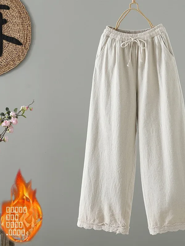 Women's Thiened Linen Pants Winter Straight Leg Slimming High Waist Lace Splicing Versatile Cotton Trousers