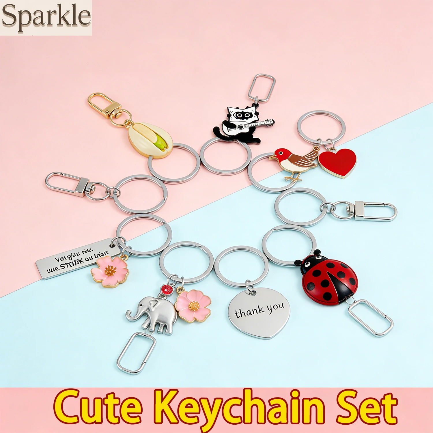 Assorted Cute Keychain Set - Cat Ladybug Elephant Pistachio Designs - Perfect Gift for Bags & Keys