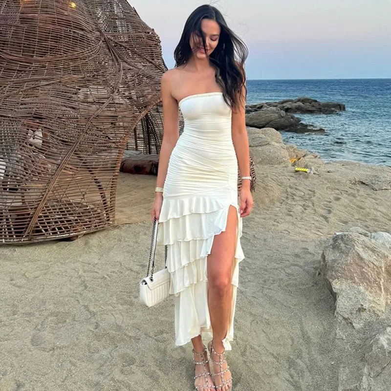

Ticketsx Ruffle Strapless Dress Women's One Shoulder Backless Pleated Patchwork Slit Long Dress Lady Fashion Evening Party Dress