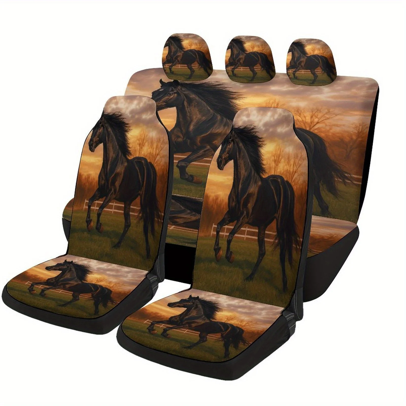 Black Horse Gallop Designed Car Seat Covers Set For Most Cars, Trendy Novelty Decorative Car Seat Protector Covers Full Set, Uni