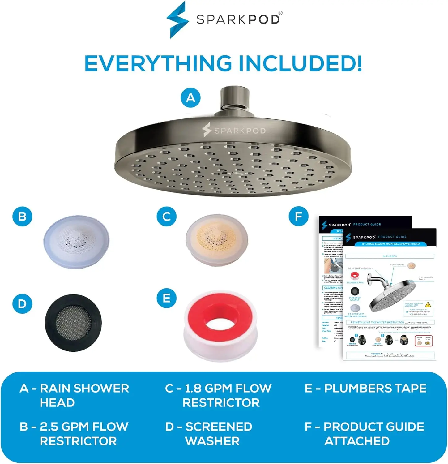 رأس دش مطري عالي الضغط - تصميم فاخر قابل للتعديل سهل التركيب لترقية الحمام (نيكل مصقول، مستدير 8 بوصة)