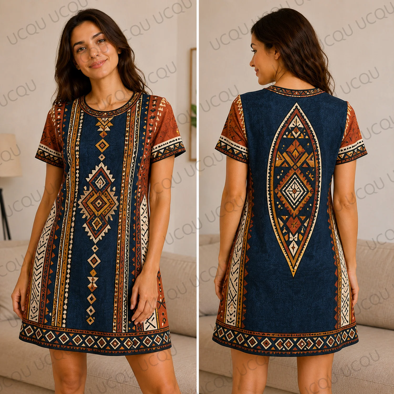 Women Boho Tribal Print Dress Aztec Geometric Pattern Short Sleeve Casual Summer Mini Dress Vintage Ethnic Style