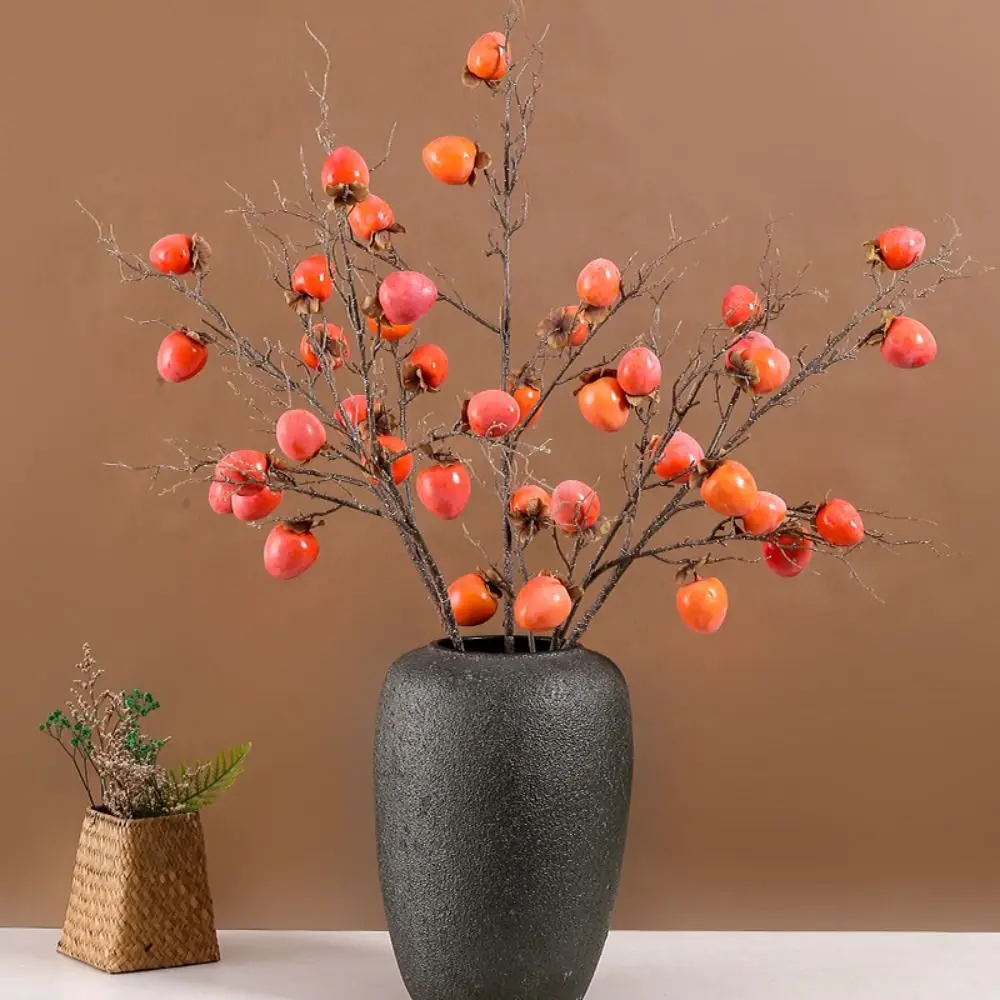 Retro Artificial Persimmon Fruit Branch Plastic Lifelike Simulation Persimmon Tree with Frost DIY Fake Fruit Home Garden Decor