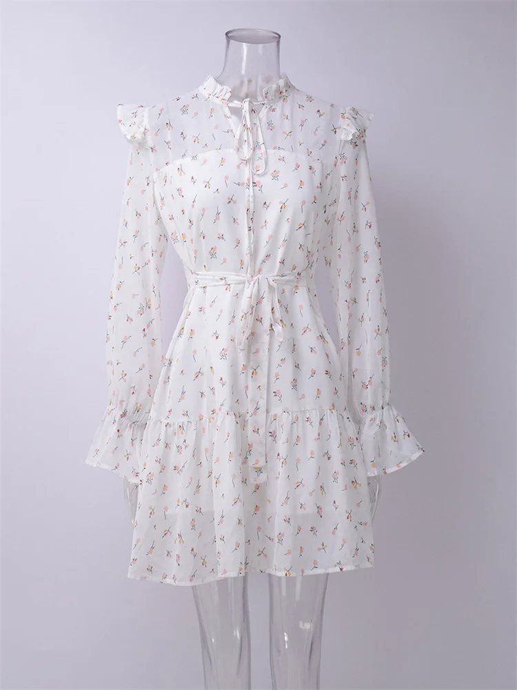 Tossy White Printed See-Through Mini Dress For Women Chiffon Patchwork Lace-Up Fashion Commute Dress Female Summer Bodycon Dress