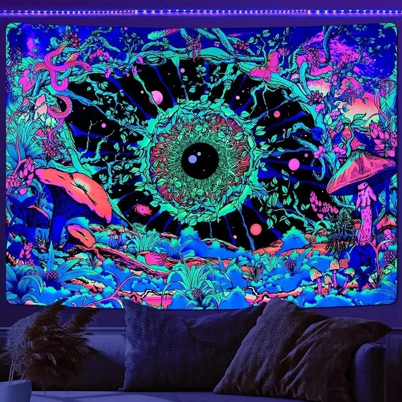 VIKAMA UV Blacklight Eye Mushroom Tapestry, Psychedelic Forest Snake Butterfly Wall Hanging, Trippy Neon Room Decor