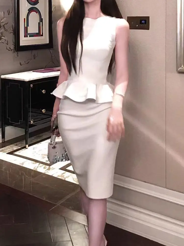 

2025 Women Celebrity Sexy Sleeveless Ruffles Tops White Bodycon Skirts Set Elegant Evening Club Party Outfits