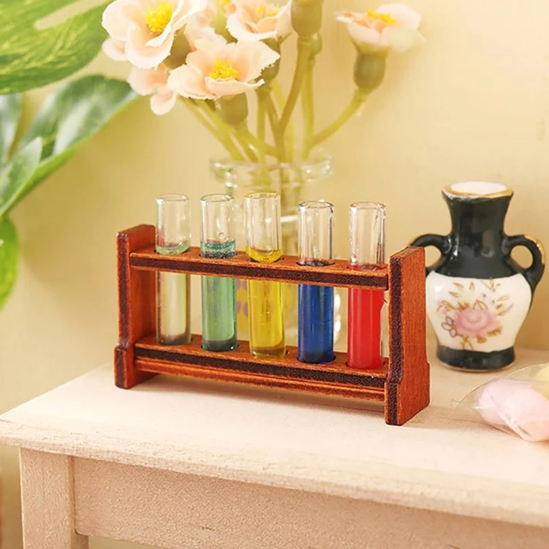 1Set Laboratory Glass Test Tubes with Wooden Rack Set 1:12 Dollhouse Miniature Accessory Decoration Ornament