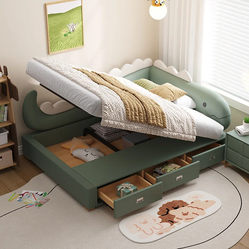 Bed boy with guardrail splicing bed 1.5m teen cartoon dinosaur solid wood leather girl lying
