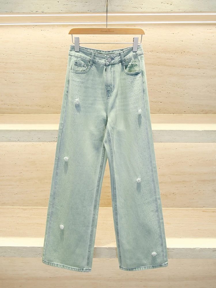 

High Waist Distred Wide Leg Jeans Women's Early Spring High Waist Diamond Embellied Floor-Length Pants European Sle