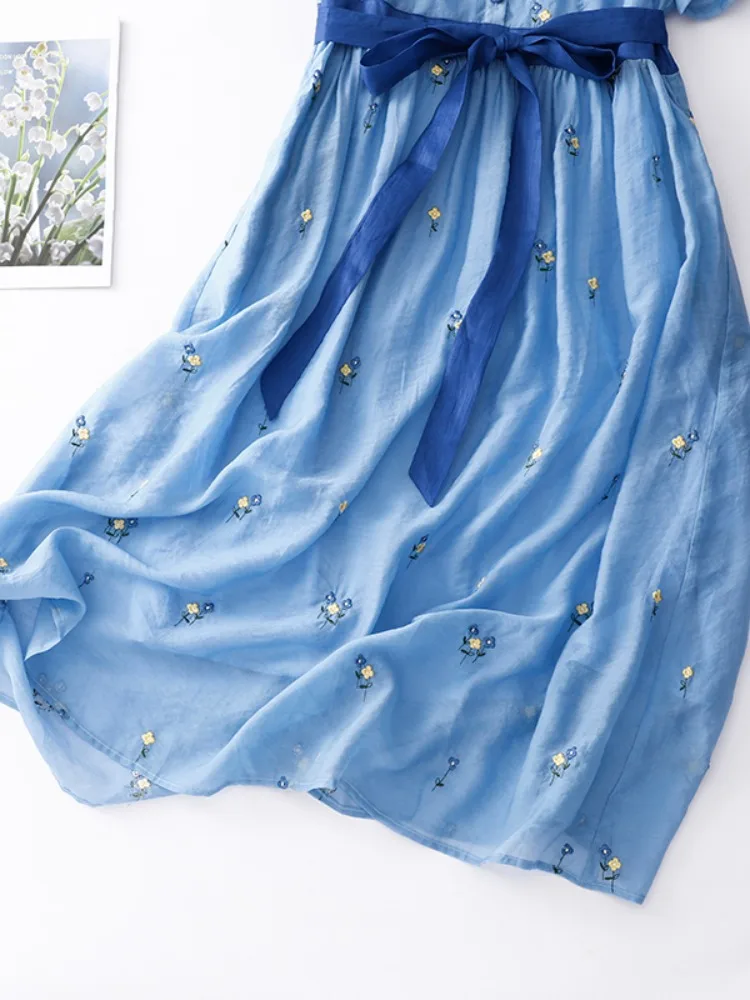 Retro ricamo floreale in cotone Lin ort Sve Dr Cintura dimagrante estiva da donna Grande altalena in lino lungo Dr