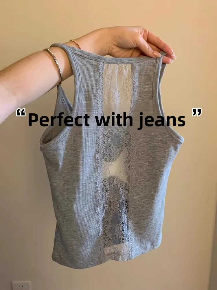 Elegant Lace Hollow out Back Strap Crop Top Women Summer with Chest Pad Inner Wear Outer Wear Base Layer Spicy Girl Top