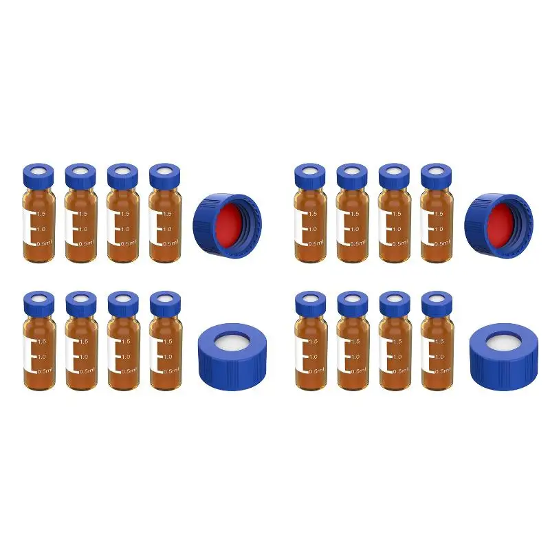 2PackX(2ML Autosampler Vials Pack Of 100 - HPLC Vials 9-425 Amber Vials with Blue Screw Caps,Red White Septa)
