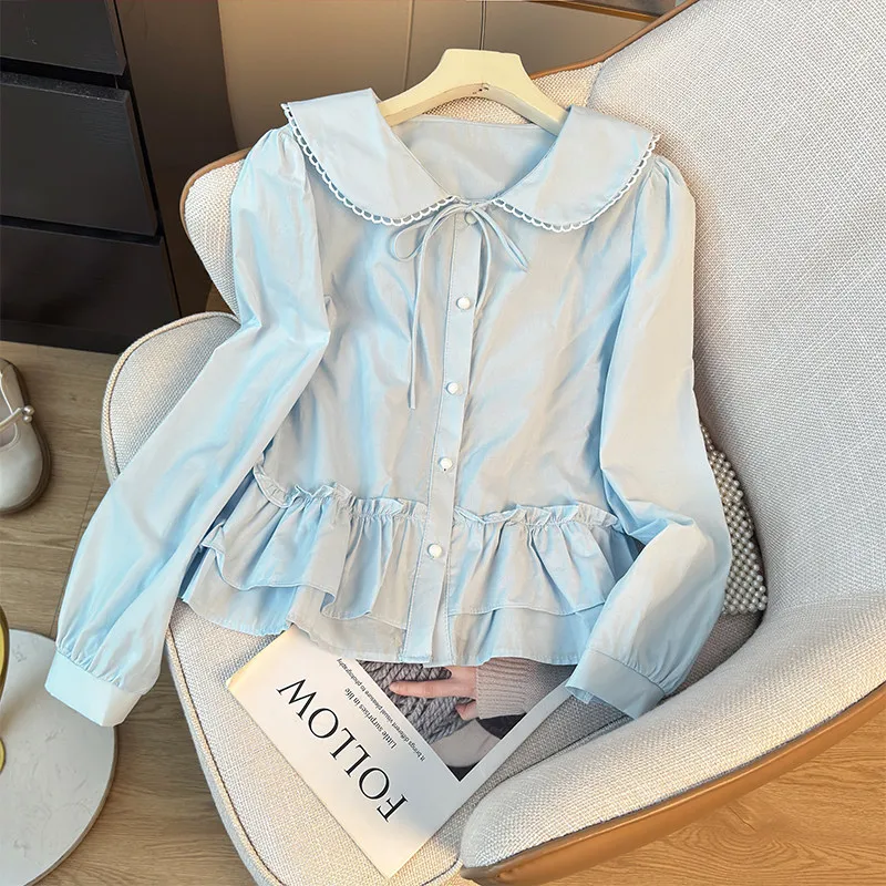 Women's Spring 2026 Fashion Single breasted Top Sweet Mushroom Edge Design Solid Color Lace-up Long sleeved Elegant Shirt