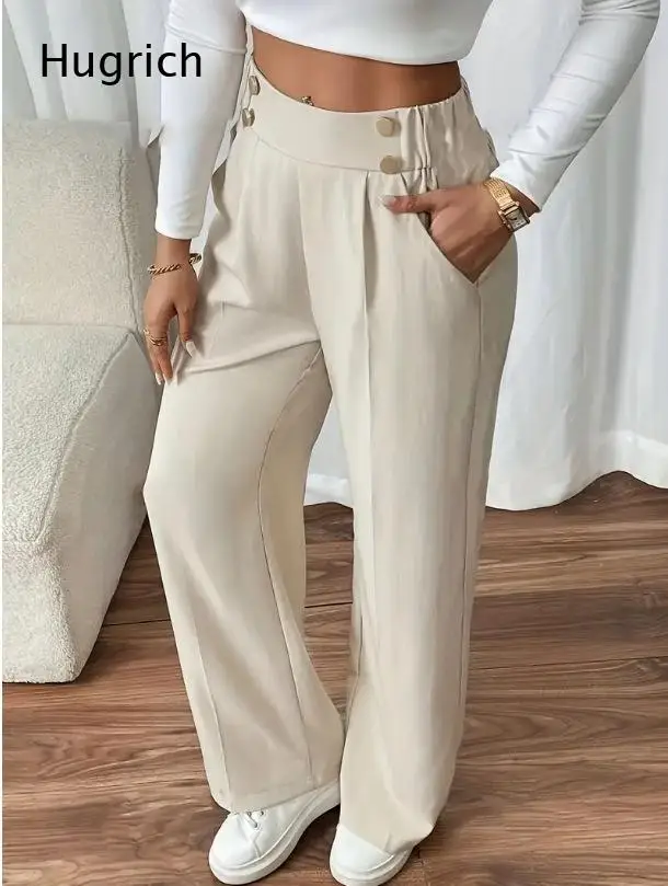 Solid High Rise Pants Irregular Multi Gold Button Waist Elastic Relaxed Wide Leg Smooth Fabric Daily Office Bottoms