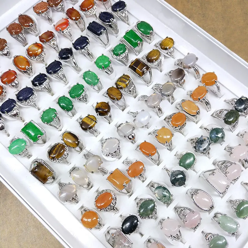 100pcs/Box Vintage Natural Stone Quartz Crystal Tiger Eyes Rings For Women Fashion Charm Jewelry Bulk Items Wholesales