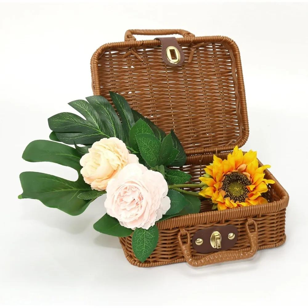 صندوق تخزين من الخيزران العتيق مع قفل معدني، سلة نزهة من الخوص للسفر والتخييم ومنظم مكياج الحفلات الخارجية