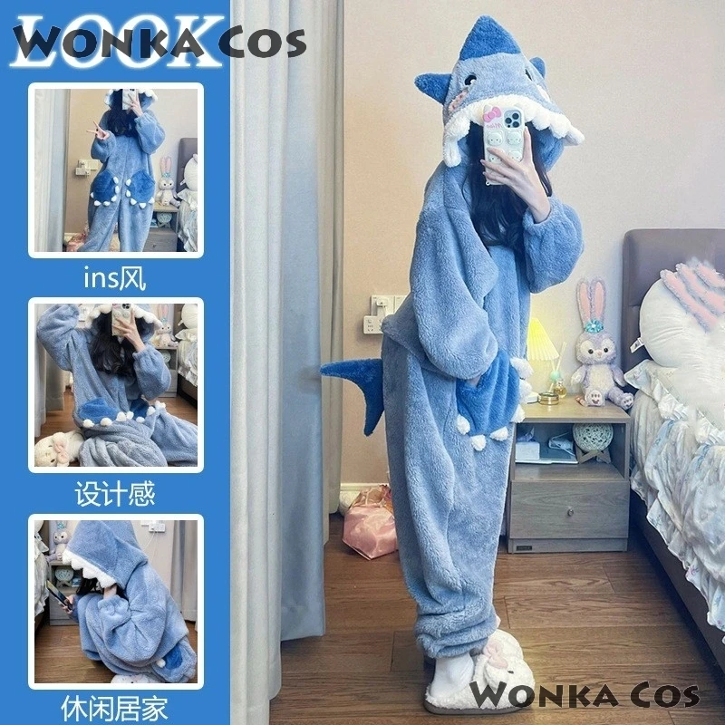 Cartoon Cute Shark Women\'s Hooded Gawr Sleepwear Kigurumi Unicorn Winter Gura Cosplay Pijama Jumpsuit Christmas Party Loungewear