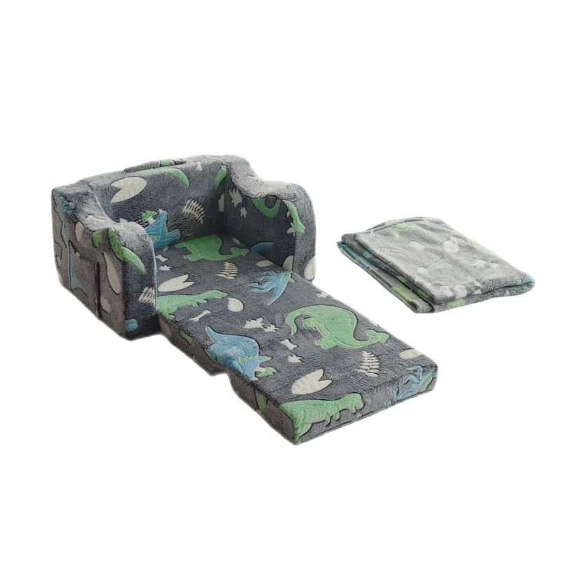 

Luminous flannel fabric children's sofa 2-in-1 gray dinosaur wave armrest sofa with blanket removable and washable