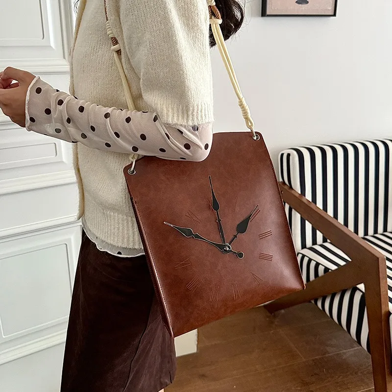 Numeral Pattern Casual PU Leather Tote Bag Retro Roman Vintage Clock Print Shoulder Bags Light‑weight Daily Shopping Handbag