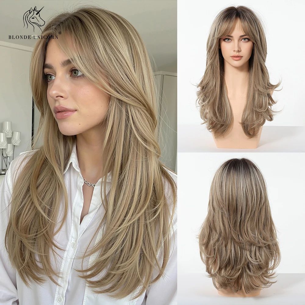 Blonde goldbraune Ombre lange gerade synthetische Perücke für Frauen mit Vorhang-Pony, hitzebeständiges Haar für Frauen, tägliche Party – Detail 16