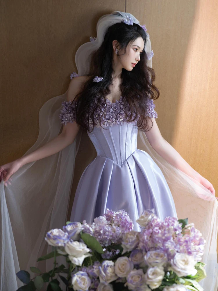 ชุดเดรสสีม่วงแบบไหล่เดียว รุ่น Princ Dr ประดับดอกไม้ 3 มิติ ชุดแต่งงานสุดหรูสำหรับพิธีและงานแสดง