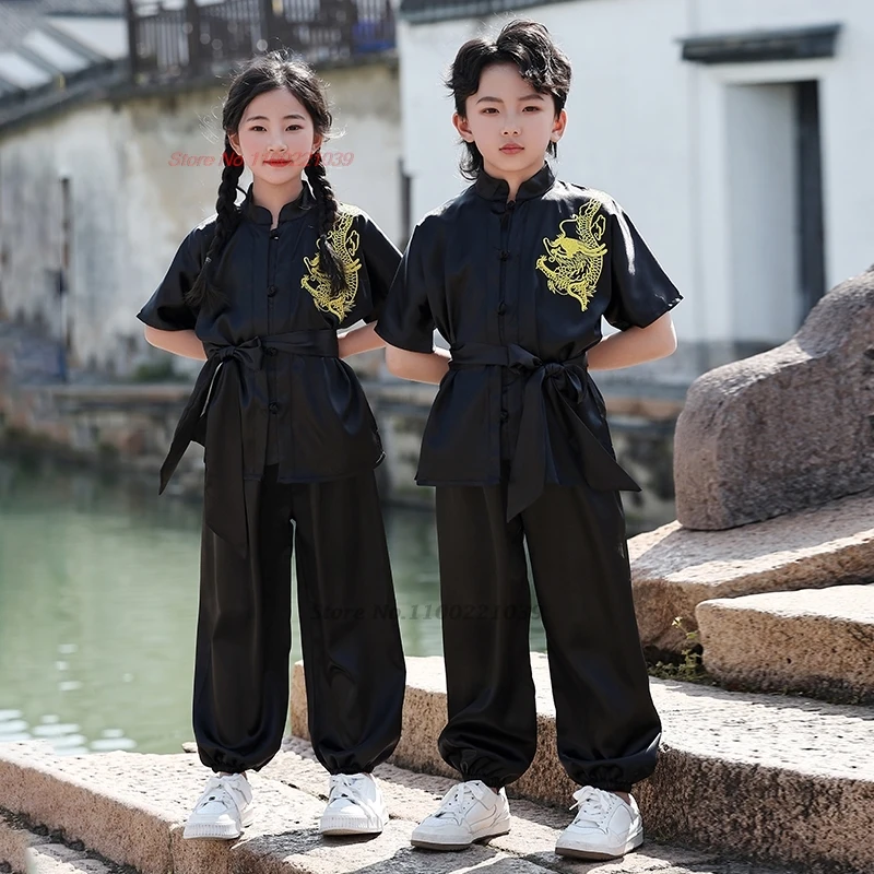 

2025 chinese traditional wushu clothing children martial arts uniform dragon embroidery kung fu training exercise practice set