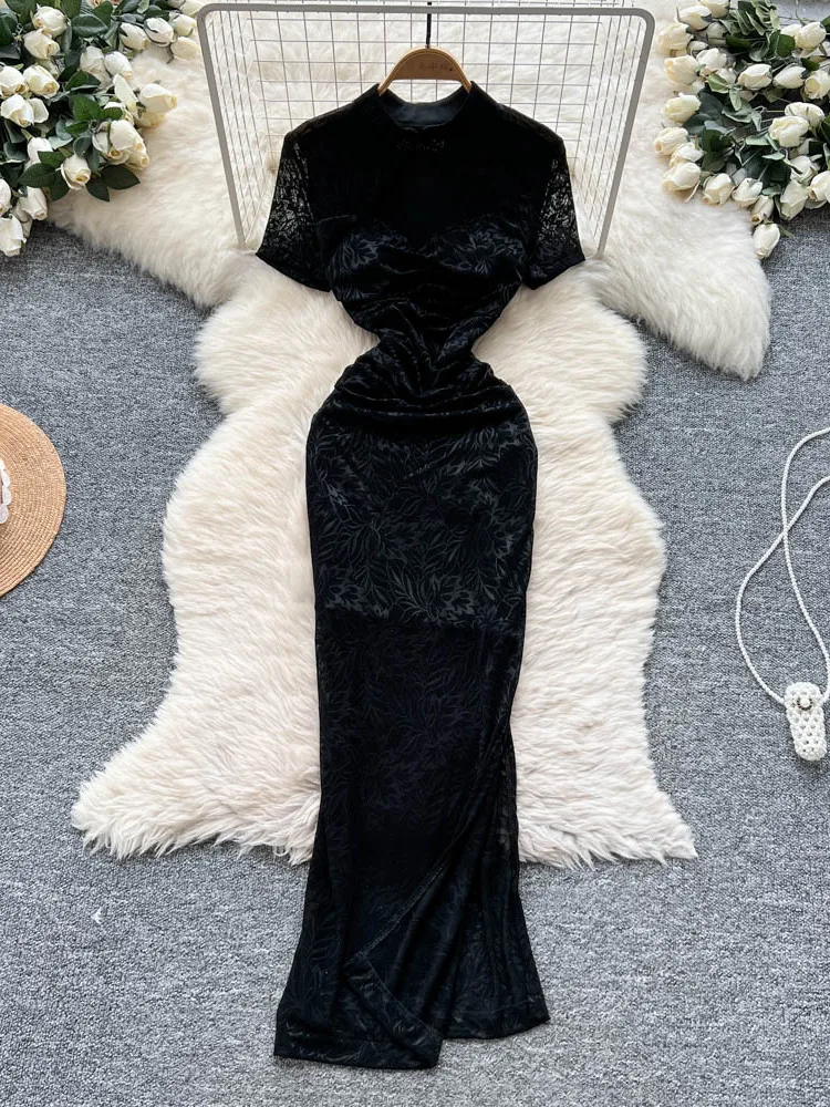 Nuovo cinese Sle Qipao Dr Donna Estate Colletto alla coreana Ricamato Asimmetrico Net Svel Lungo Dimagrante Sexy Dr