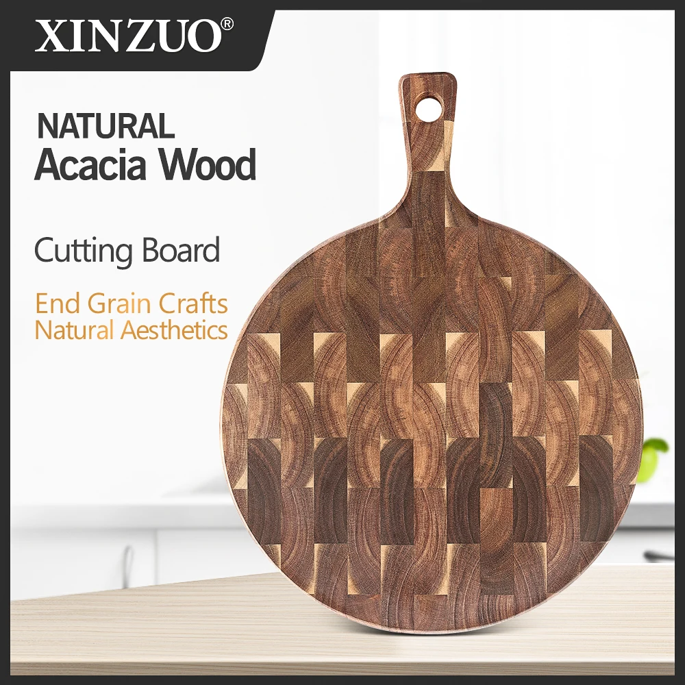 XINZUO Acacia Wood Round Kitchen Cutting Board with Handle Suitable for Kitchen Meat Bread Serving Chopping Board Cooked Food