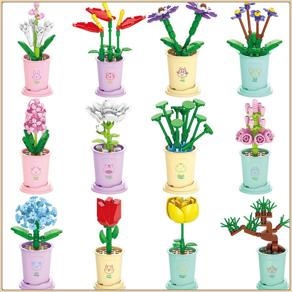 

Lucky Flower Potted Building Blocks Jasmine Hyacinth Rose Assembly Puzzle Model Toys Balcony Decorations Holiday Creative Gifts