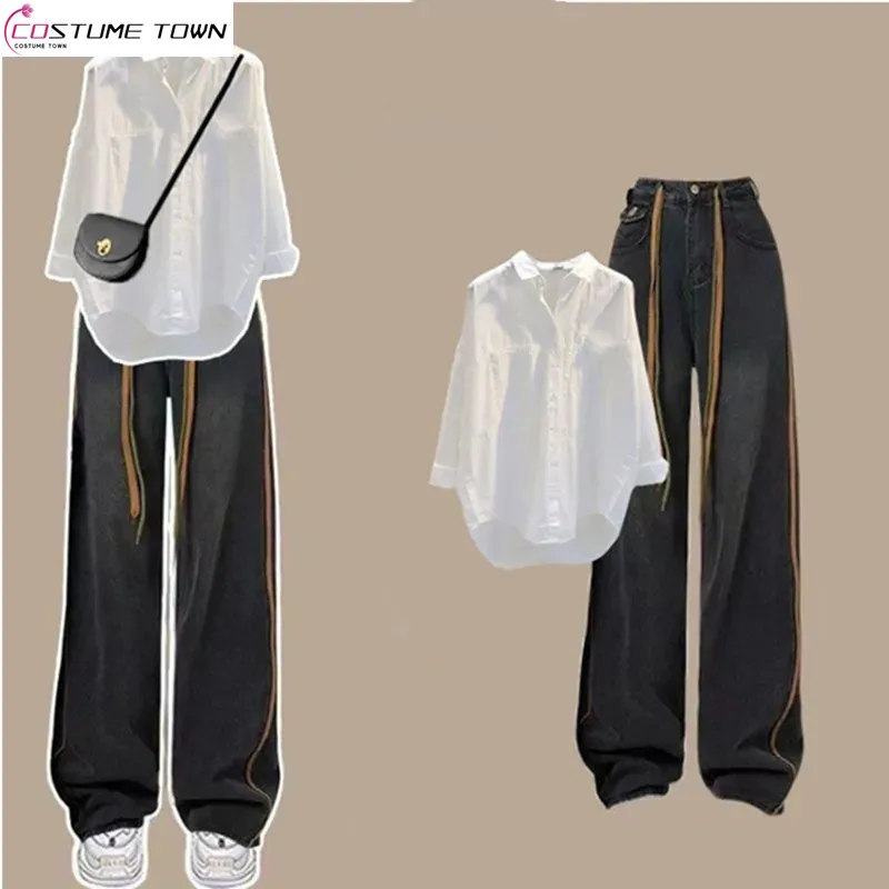 Korean Academy Style 2024 Spring/Summer New Set White Shirt Versatile Straight Leg Jeans Two Piece Set for Women