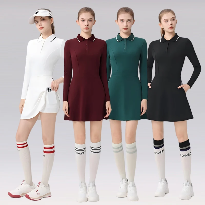 

2025 Autumn Spring Tennis Dress for Women Long Sleeve Polo Collar Golf Dresses Breathable Slim Lapel Skirt with Pocket and Short