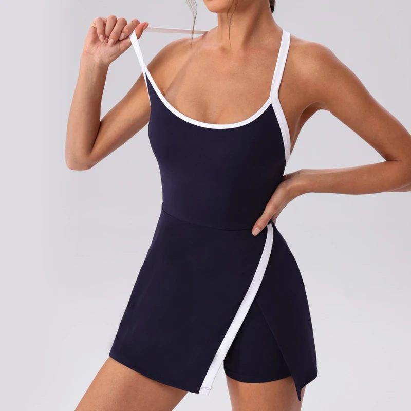 Color Contrast Tennis Dresses Women Beautiful Back Hollow Back Cross Split Skirt Pocket Sports Fitness One-piece Yoga Golf Suit