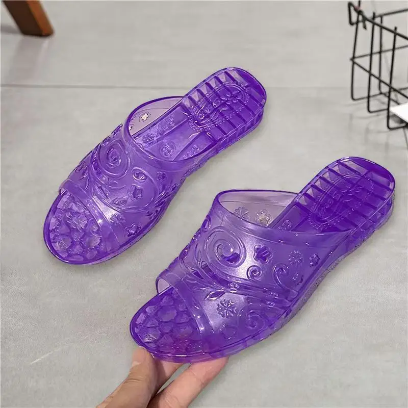 

2024 Summer New Woman's One Word Clear Crystal Wedges Slippers Soft Sole Non Slip Anti Odor Home Slippers Bathroom Slipper