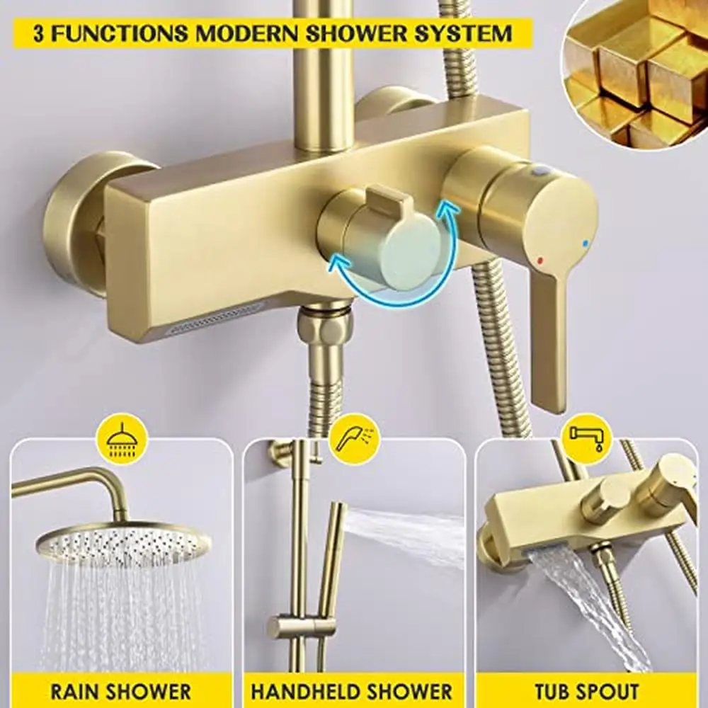 Brushed Gold 3-Function Shower System with HandHeld Tub Spout Brass Valve Adjustable Height Rain Showerhead Spray Mode 59 Inch