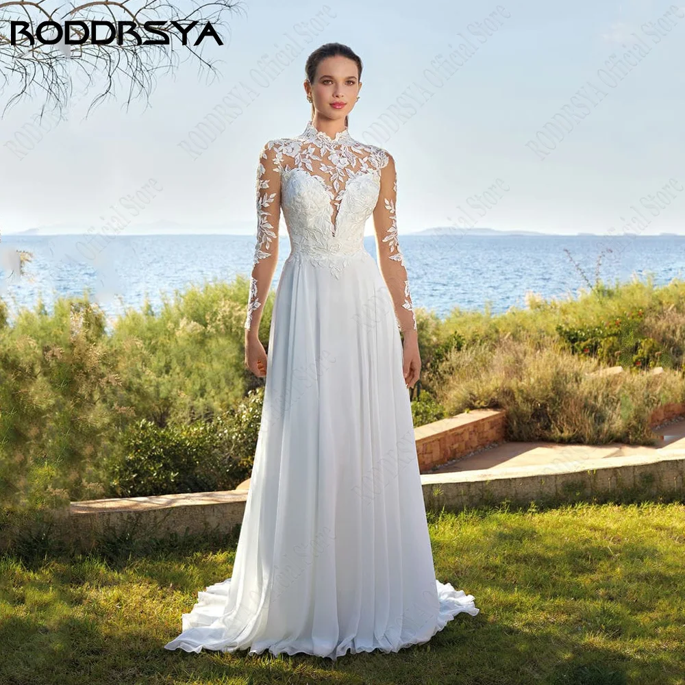 RODRSY Abiti da sposa classici per la donna maniche lunghe Illusion abiti da sposa chiffon ARODDRSY abiti da sposa classici per donna maniche lunghe Illusion abiti da sposa Chiffon a-line Applique vestido de noiva 2024