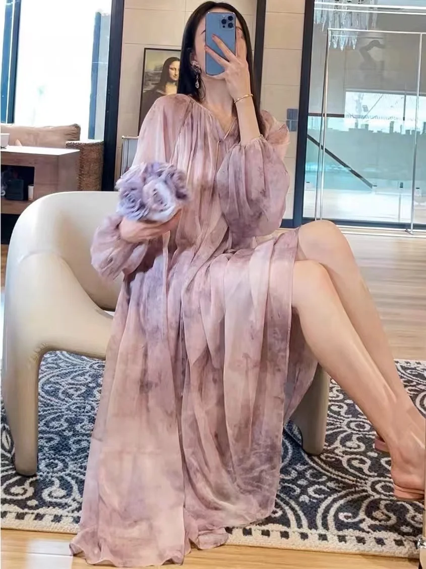 Elegante abito longuette da vacanza con stampa floreale viola estiva francese per donna con lacci O collo manica a sbuffo in Chiffon allentato Boho Vestidos