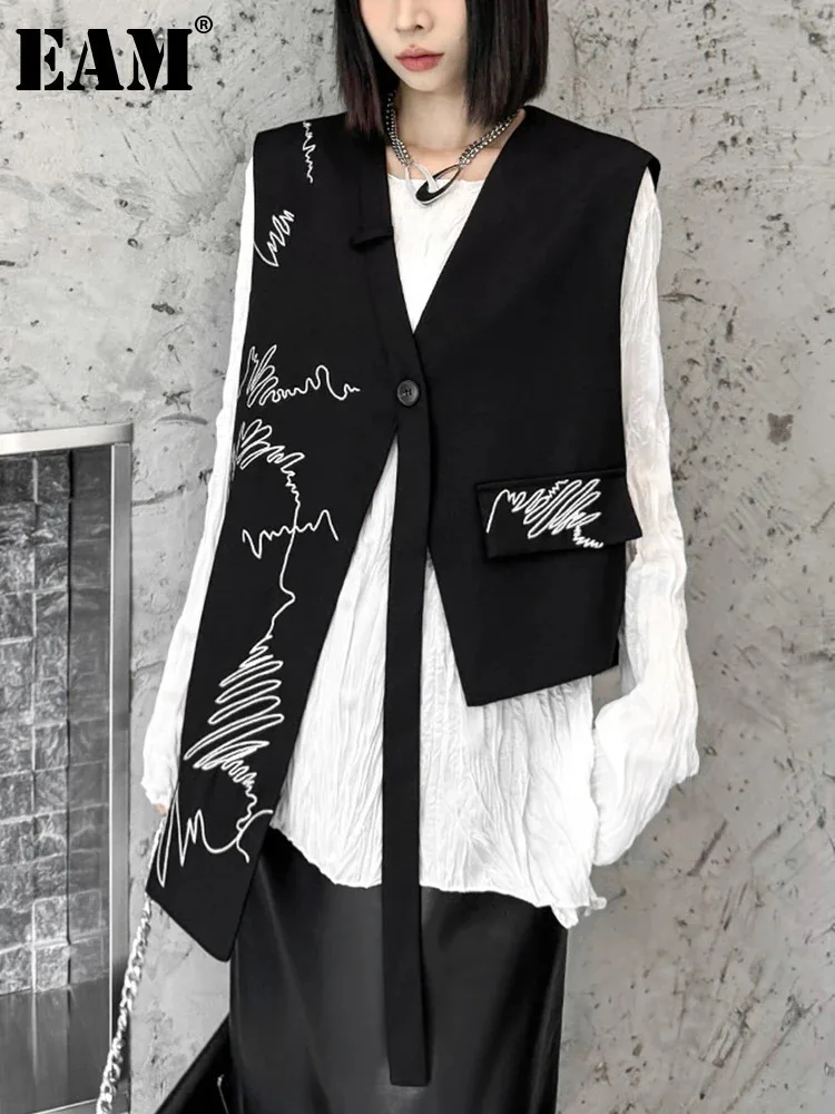 EAM Women Black Embroidery Irregular Ribbon Big Size Vest New V-collar Sleeveless Fashion Tide Spring Autumn 2025 1DH7749