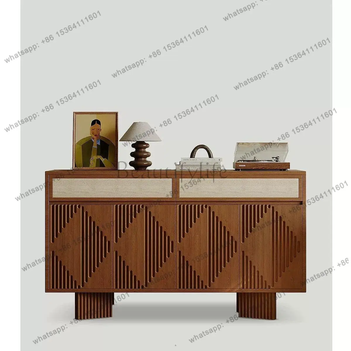 zj. Vintage-style solid wood sideboard with geometric texture wall-mounted storage cabinet