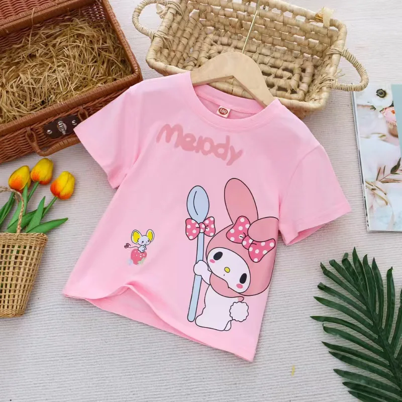 My Melody Girls Summer Cotton T-Shirt Kawaii Anime Cinnamoroll Kuromi Child Cartoon Short Sleeve Loose Half Sleeve Casual Tops