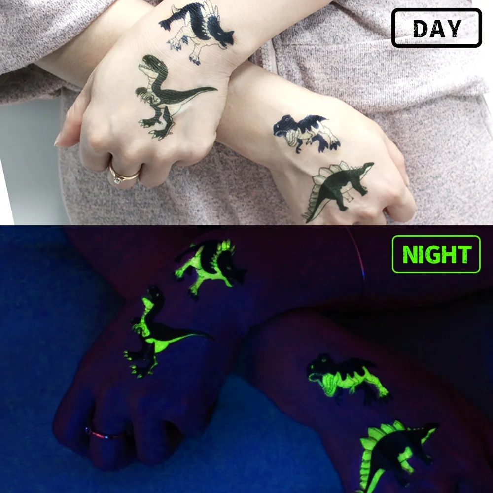 10 arkuszy świecących tatuaży tymczasowych z dinozaurami, wodoodporne, świecące w ciemności T-Rex, Pterodaktyl, Velociraptor, Triceratops, Stegozaur — zdjęcie 4